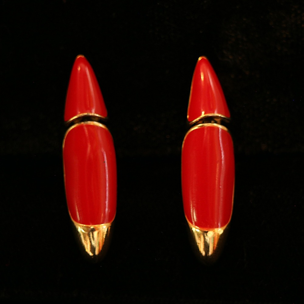 Vintage Monet Red Enamel Gold Tone Clip On Earrings Modernist Bullet Shape